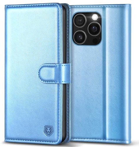 Kuafcase Compatible for iPhone 16 Pro Max Case with 4 Card Slots Magnetic Closure Kickstand Shockproof Protective Phone Case Compatible for iPhone 16 Pro Max - Sky Blue