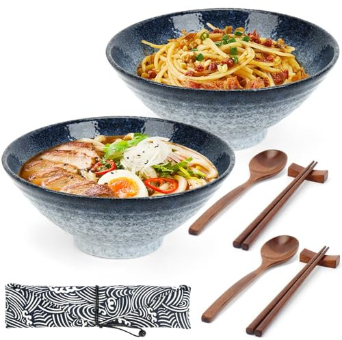 Hebaogugu 1000ml/34oz Ramen Bowls, 2 Sets Japanese Ramen Set with Chopsticks & Spoons for Udon, Pho, Cereal, Porcelain Soup Bowls for Home, Restaurant(Blue)