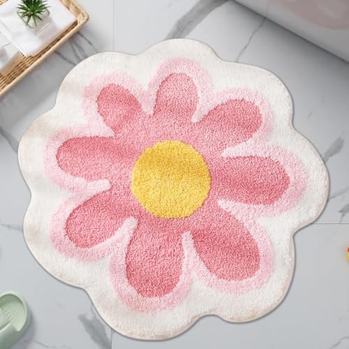 Yuragim Badezimmerteppich Ø 40 cm Blumen Teppich Weiche Antirutsch Badematte Badteppich Rosa Badvorleger Duschvorleger Absorbierende Badezimmer Teppich Fußmatte Teppichboden für Bad Küche Wohnzimmer