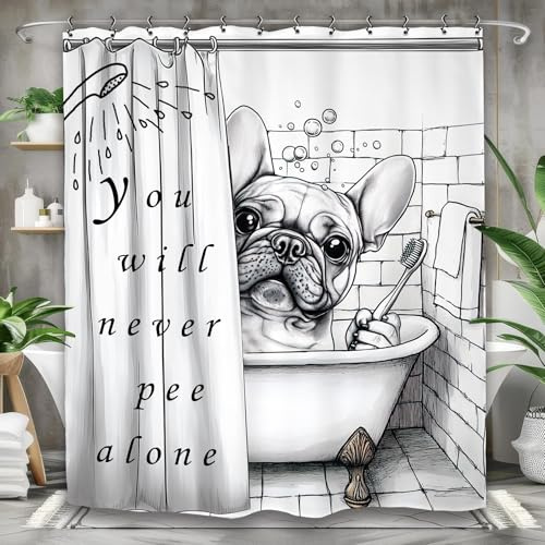 Yookeb Funny Dog Bulldog Bathroom Shower Curtain 60W by 71H Inch Cute Animal Hilarious Puppy Black White Lovely Polyester Fabric 12 Plastic Hooks Waterproof Decor