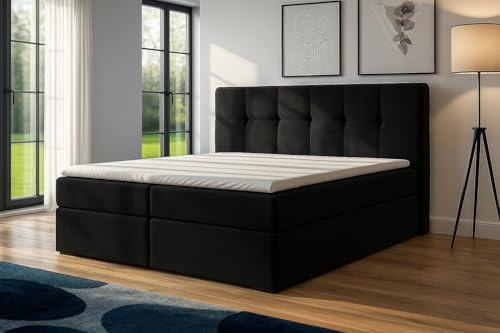 A&J MöbelLand Boxspringbett 180x200 mit Bettkasten und Lattenrost – REF, Bett mit Matratze H3 und Stauraum in Schwarz