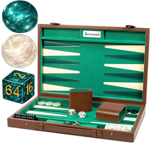 Jeu de Backgammon Luxe 38 cm pour Adultes – Backgammon Voyage Premium Effet Faux Cuir avec 32 Pions, Gobelets à Dés & Cube de Doublement