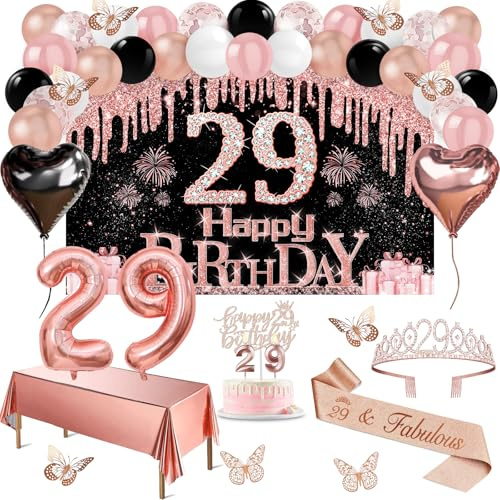Juesly 29th Birthday Decorations for Women Rose Gold Black 49pcs | 29 Birthday Women Decorations Banner, Tablecloth, Butterfly, Sash, Tiara, Cake Topper, Candles, Balloons Arch