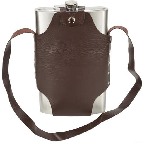 Petaca ligera de metal de 64 onzas con práctica funda de cuero para un fácil transporte
