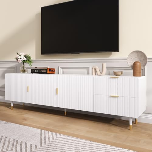 UIXENI TV Cabinet with 2 Drawers, Golden Handles, Golden Legs and Adjustable Feet, 3 Doors TV Furniture with Shelves