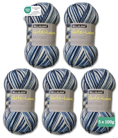 BellaLana Sockenwolle Gute-Laune - 4-Fädiges Sockengarn zum Stricken & Häkeln - Farbverlaufswolle - 75% Schurwolle, 25% Polyamid - Lauflänge 420m/100g - Nadelstärke 2,5-3, 5 x 100g - Blau-Weiß