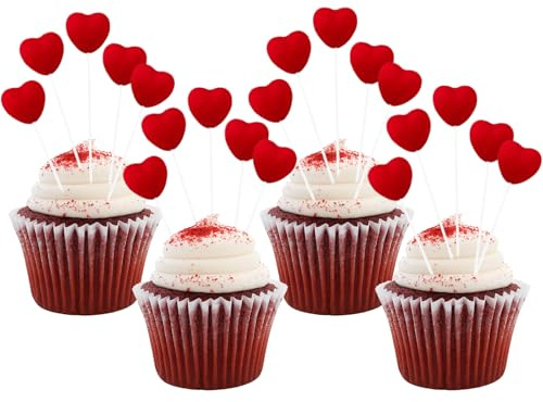 Valentinstag Rote Herz Cupcake Topper, 20 Stück Liebe Herz Muffin Topper Deko, Rot 3D Herzen Kuchendeko Tortendeko für Valentinstag Hochzeit Party Jahrestag Braut Verlobung Geburtstag (M)