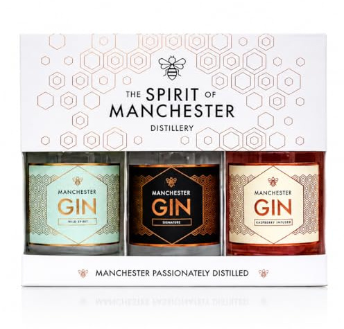 Manchester Gin - Miniature Gift Sets 3 x 50ml - Premium Gin Selection - Featuring Signature, Raspberry Infused & Wild Spirit - Perfect Tasting Set & Cocktails, Beautiful Gift Box