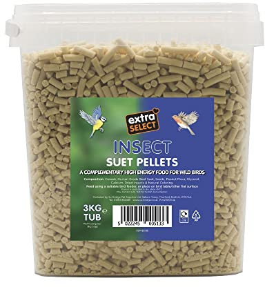 Extra Select Insect High Energy Suet Pellets Wild Bird Food - Protein, Fat Rich Year-Round Feeding - 3 kg Reusable Bucket