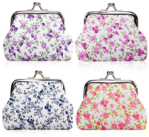 Oyachic 4 Pièces Floral Porte Monnaie Flower Coin Purse Portefeuille Pochette en Toile Clic-Clac Rétro Sac Rangement Femme Vintage Fermoir Bourse