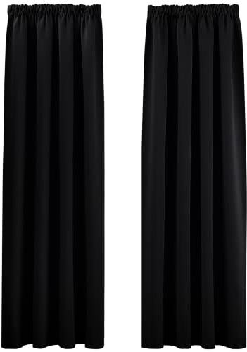 PONY DANCE Schlafzimmer Gardinen mit Kräuselband 2er Set H 175 x B 140 cm Kurze Vorhänge Schwarz Blickdicht Thermovorhang Hitzeschutz Schiene Blackout Curtains for Living Room/Bedroom