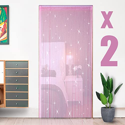 HYSENM Lot de 2 Rideaux Fils Paillette 100x200cm Draperie Frange Décoration Elégance Fenêtre Porte Anniversaire Mariage Fête Hôtel, Rose