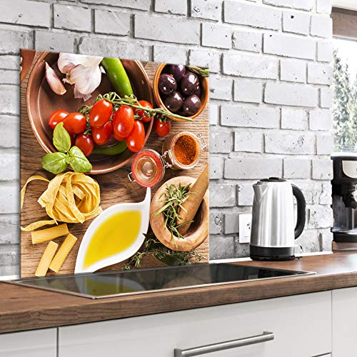 murando Glass Splashback for Kitchen Backsplash Cooker Protector Tempered Glass Decorative Wall Art Panel Heat Resistant Graphic 60x60 cm / 24x24 Spices Vegetables Pasta Olive Garlic j-B-0052-aq-a