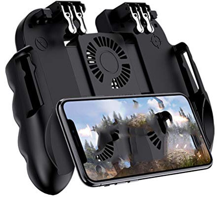 KUANDARMX easy to use 4 Triggers Mobile Game Controller with Cooling Fan Compatiple for PUBG/COD Mobile/Fotnite [6 Finger Operation] Joystick mobile controller for iOS android Phone gift, Black
