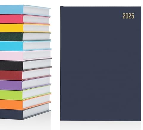 Jahresplaner 2025, A5, A4, 1 Seite pro Tag oder Wochenansicht, akademischer Terminkalender, 2 Seiten pro Tag, fester Einband, kompletter, mit Lesebändchen, Marineblau (in englischer Sprache)