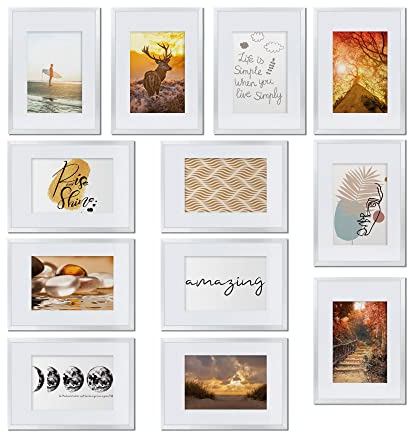 bomoe 12er Bilderrahmen Set Sunlight - Fotorahmen Collage für 13x18 cm Bilder Fotowand Bilderrahmen mit Passepartout & Aufsteller - Bilder Rahmen aus Kunststoff & Kunststoffglas Weiß