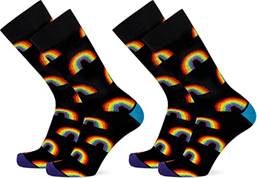 2 Paar Lustige Socken | gemusterte Socken mit verschiedenen Motiven und Farben | Mit Piqué-Komfortbund | Aus Baumwolle, Polyamid und Elasthan Farbe Regenbogen Größe 42-47