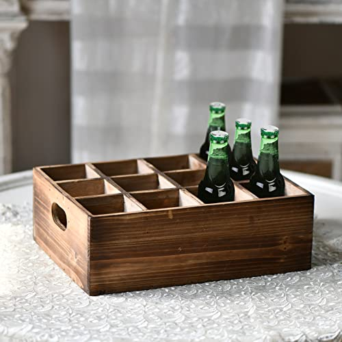 Farmhouse Wooden Storage Crate for Decoration 13 x 10, Rustic Wood Crate Box for Crafts, Beverage Serving Caddy with Carrying Handles, Wooden Basket for Bottle Beer Wine, 12 Individual Slots