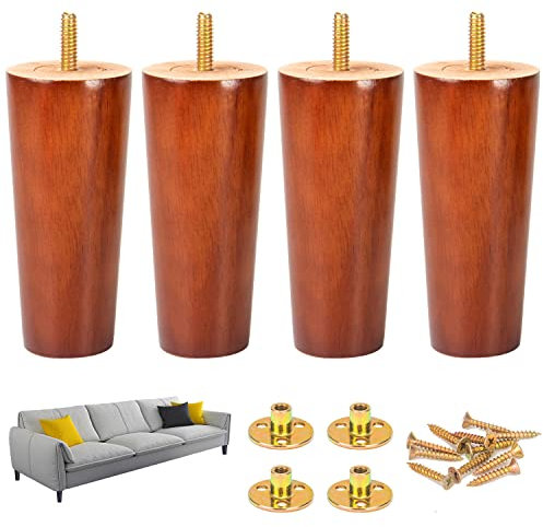 10 cm Holz-Möbelbein-Set, 4 Stück, kegelförmig, Eichenholz, Ersatzfüße, Beine mit Montageplatte und Schrauben für Sofa, Fernsehschrank, Bett, Esstisch, Couch, Schrank, Stuhl – Walnuss
