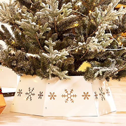 HarcoHome Weihnachtsbaumkragen aus Metall mit 3D-Schneeflocke, authentisch, sechseckig, robuste Eisen-Baumbasis, Abdeckung für Bleistiftbaum, Baumring, Baumrock für Weihnachtsdekoration (Creme mit