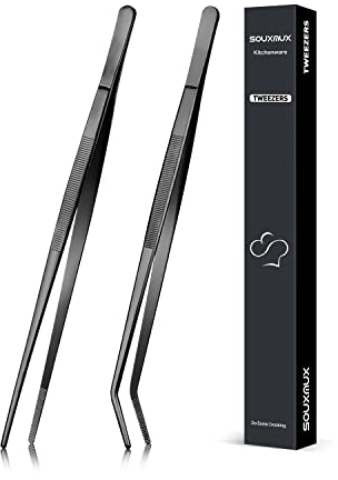 25.5cm Cooking Tweezer and Curved Tong Set, Tongs Precision Serrated Tips, Stainless Steel Professional Chef Tweezer Kitchen Tools for BBQ, Plating and Serving