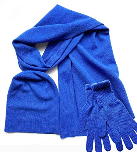 Damen-Set aus 100% reinem Kaschmir, Schal und Handschuhe, passende Beanie-Mütze, Handschuhe und Schal, 3-teiliges Set, 3-in-1-Winter-Strick-Set, Outdoor-Ski-Sport-Geschenk, königsblau, One size