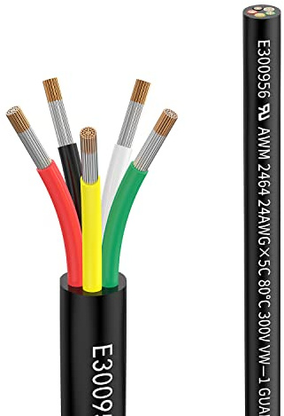 24AWG 5×0,2mm² 20Meter Elektrischer Kabel 5 adrig Verlängerungskabel | 80℃ 5V/12V/24V/300V Sauerstofffreies Mehrlitziges Verzinntes Kupferkabel für Landschafts,LED Lampen,Automobil,Freien UL2464