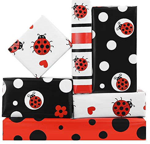 Marienkäfer Geschenkpapier, 8 Blatt 4 Stile Marienkäfer Polka Dot Stripe gemustertes Geschenkpapier, für Männer, Frauen, Jungen und Mädchen, für ausgefallene Geburtstagsfeiern, 50x70 cm pro Blatt