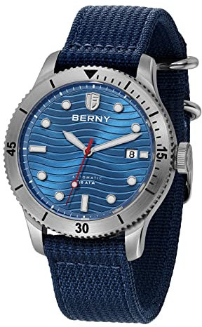 BERNY Männer Taucheruhr Automatische Mechanische Uhr Nylon Uhrenarmband Saphir 20ATM Wasserpuff Sport Armbanduhr Tauchen Schwimmuhr Mit Datumsöffnung C3 Super Luminous
