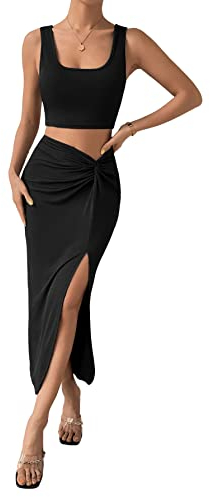 GORGLITTER Sommer Zweiteiler Set Damen Freizeitanzug mit Tanktop und Rock 2-Teiler Outfitwear Rock Urlaub Top Midirock Set mit Schlitz Schwarz L
