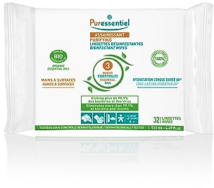 Puressentiel - Assainissant - Lingettes désinfectantes Mains & Surfaces – A l’Aloe Véra et Aux 3 Huiles Essentielles – 100% compostables, 100% fibres naturelles – Sans Javel - Alcool Végétal - x32
