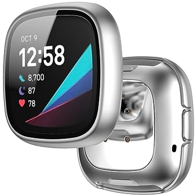 Hülle mit Glas Displayschutz Kompatibel mit Fitbit Versa 3 Smartwatch - Hart PC Schutzhülle Vollschutz Kratzfest Display Schutzfolie Ultradünne Schutz Case für Fitbit Versa 3 (Silber)