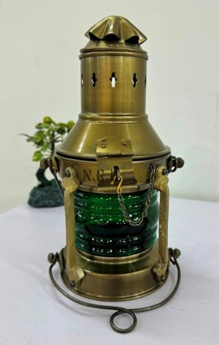 Farol lámpara de aceite con cristal verde, linterna colgante decorativa, lámpara de barco marítimo, linterna rústica vintage para decoración del hogar