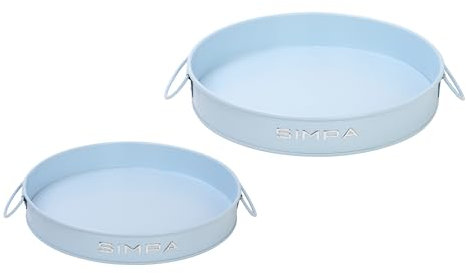 simpa Round 2PC Metal Colour Serving Trays Set with Handles, 30cm & 25cm Diameter Trays - Matt Blue