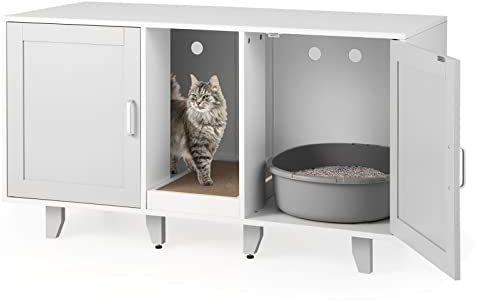 GOPLUS 3 in 1 Katzenschrank, Katzentoilette mit 2 Türen & abnehmbaren Beinen & herausnehmbarem Kratzbrett, Katzenhöhle Beistelltisch TV-Ständer für 2 Katzen, 120x52x65cm (Grau)