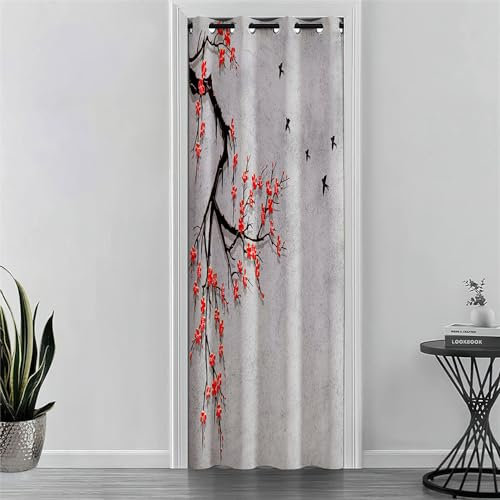 Odot Rideau Occultant à Oeillets, Rideau de Porte Thermique Isolant, Rideau de Séparation de Piece Imprimé Fleurs et Oiseaux Style Chinois, Décoration pour Chambre Salon (120x200cm,Prunier)