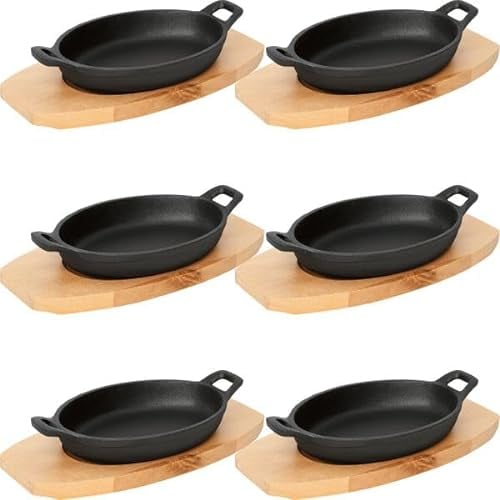 6x Servierpfanne mit Holzuntersetzer und Seitengriffen 24 x 17,5 x 5 cm Gusseisen