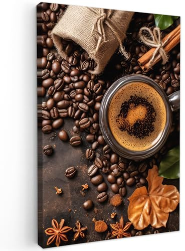 MuchoWow© Leinwand Bilder Wanddeko Wohnzimmer Aesthetic Room Decor Deko | 60x90 cm - Zimmer Wandbilder Modern Fotogeschenke Kaffee - Küche - Kaffeebohnen - Blätter