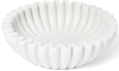 Fluted Marble Bowl Decorative - 10 Ruffle Scalloped Stone Bowl - Large Decorative Bowls for Home Decor, Coffee Table, Entryway, Fruits on Kitchen Counter, Centerpieces, Keys - Handcraffted in India