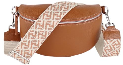 MIRROSI® Bauchtasche Damen, Echtleder, Made in Italy, Umhängetasche, Brusttasche, Crossbody Bag (1 Tasche & 2 Gurte) (Cognac (Netz), Große Tasche (28x18x9cm))