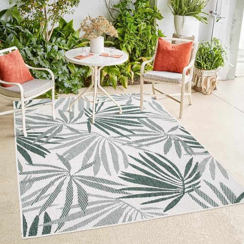 payé In- & Outdoor-Teppich - Grün Creme - 160x230cm - Wendeteppich - Florales Muster - Wetterbeständig für Balkon Terrasse - Indoor Teppiche Wohnzimmer Küche