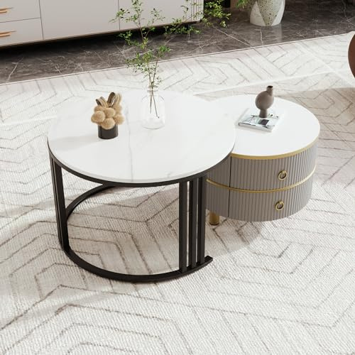 Merax Rund Couchtisch Set, 2-in-1 Beistelltisch Satztisch 2er Modern Wohnzimmertisch mit Stauraum, mit glänzender Platte und 1 weißer Marmorplatte, für Wohnzimmer Büro, Weiß/Grau