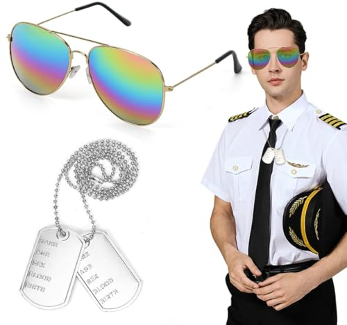 Sprinlot Flieger Verkleidung Accessoires, 2 Stück Flieger Captain Kostüm Set, Silber Erkennungsmarke Kette Metall+Sonnenbrille Fliegerbrille Farbe, Für Armee Militär Cosplay