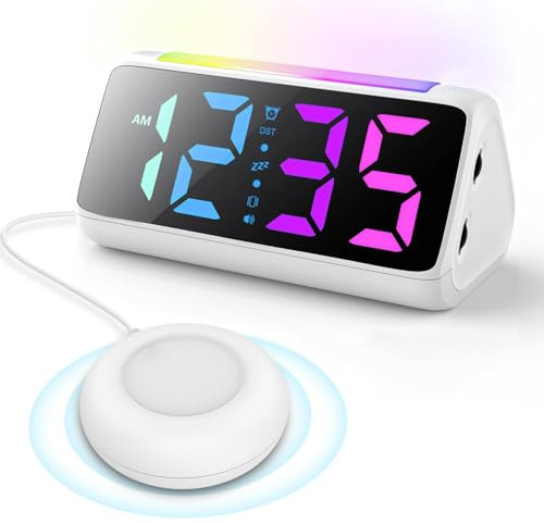 Netzu Loud Alarm Clock for Heavy Sleepers, Vibrating Alarm Clocks with Bed Shaker, Night Light, RGB Display, Brightness Dimmer, Vibration Alarm Clock Bedside for Hearing Impaired Deaf People