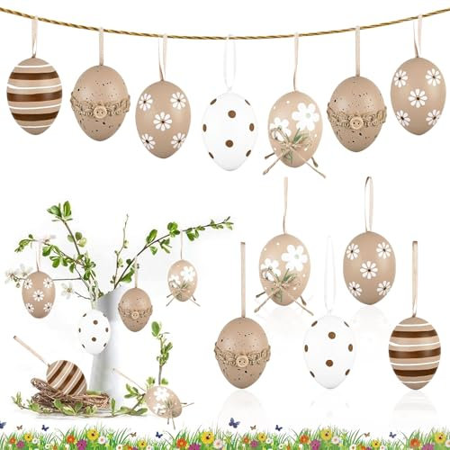 Mizijia 12x Ostereier zum AufhÃngen Schone Osterdeko mit Tollen Oster Motiven, Dekorative Ostereier in 5 Stil mit Schnur zum Aufhängen, Bunte Osterdeko Plastik, GroBe: 6 cm