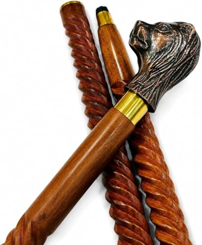Gehstock aus Holz mit Messinggriff | Handgefertigter Gehstock | Dekorative Gehstöcke | Gehstock für Mann und Frau Aktiv (Löwenkopf)