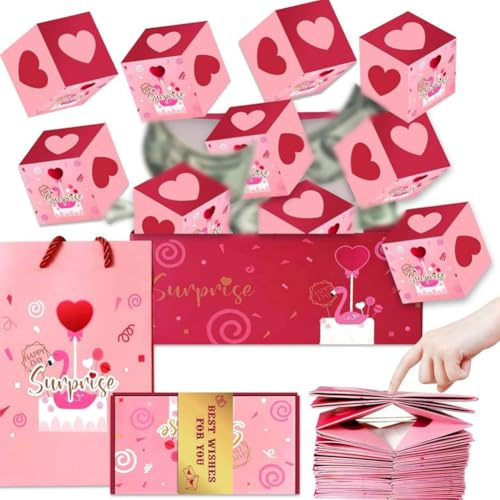 SOFPLATE Valentinstags Überraschungsgeschenkbox Explosions Geschenkbox Zum Selbermachen Mit Tasche Liebes Rosa Rot Herz Romantische Kreative Pop Out Karten Für Jahrestag Hochzeit Erntedankfest Muttert