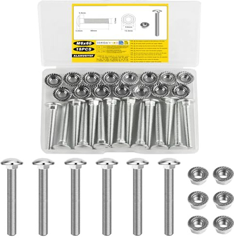 15 PiezasTornillos de Carrocería, M6 Tornillos de Carruaje, M6 x 60 mm Perno de Carruaje, Tornillos de Cabeza Redonda con Tuercas de Brida, Tornillo de Carrocero de Cuello Cuadrado con Brida Tuercas