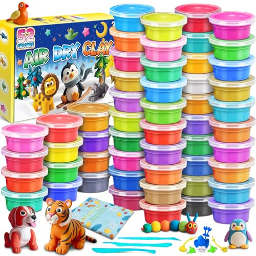 FENSHWIN Modelliermasse Lufttrocknend, 52 Farben Lufttrockener Magischer Knete für Kinder, Air Dry Clay