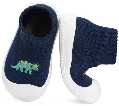 STQ Wide Toe Box Baby Sock Shoes Baby First Walking Shoes Infant Non-Slip Breathable Slippers with Soft Sole Toddler Boys Girls Slip On Barefoot Sneakers Navy Dinosaur 12-18 Months